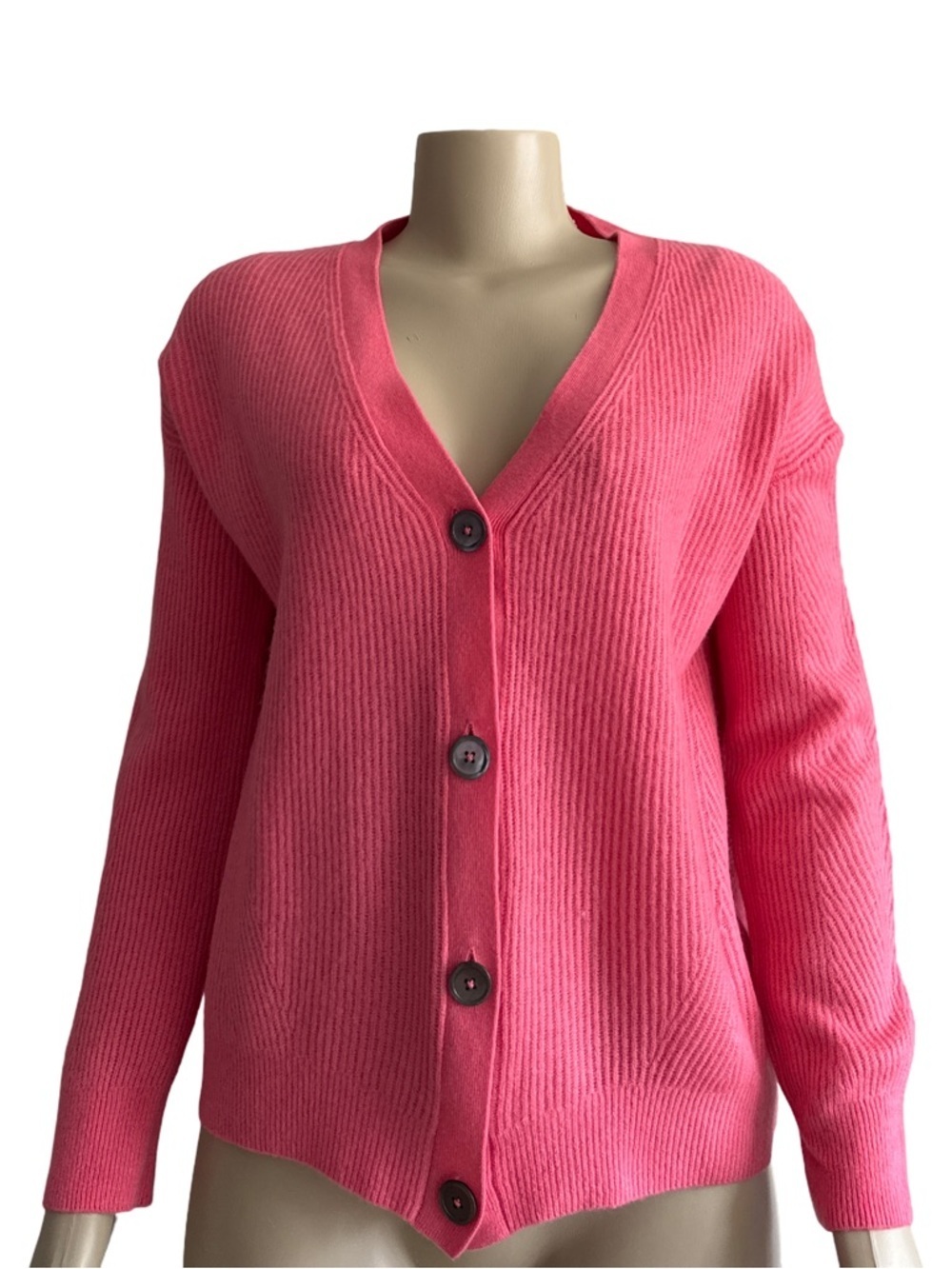Pure Collection V-Neck Button Ribbed Cardigan Coral.